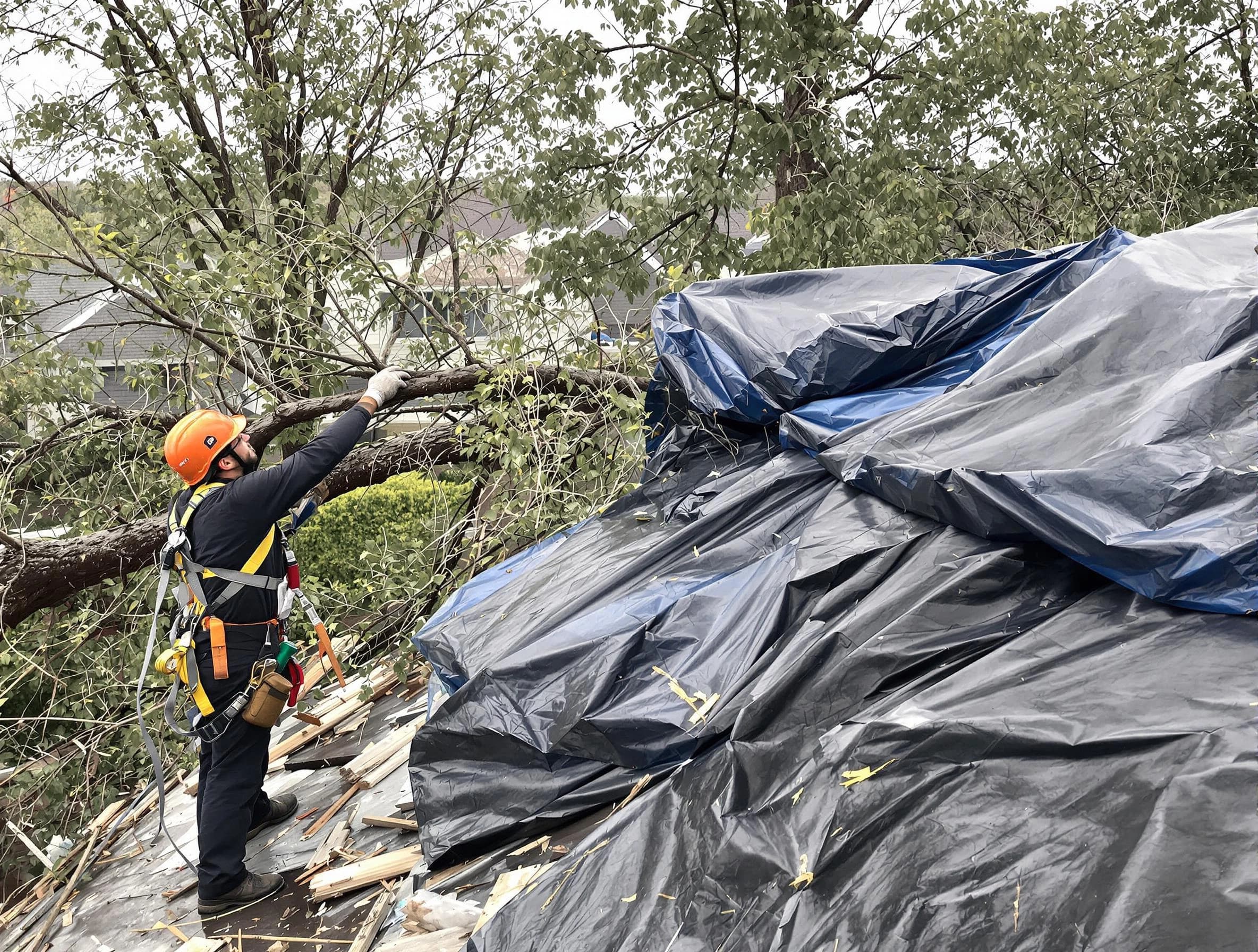 A tarped roof after storm damage repaired by University Heights Roofing Company in University Heights, OH