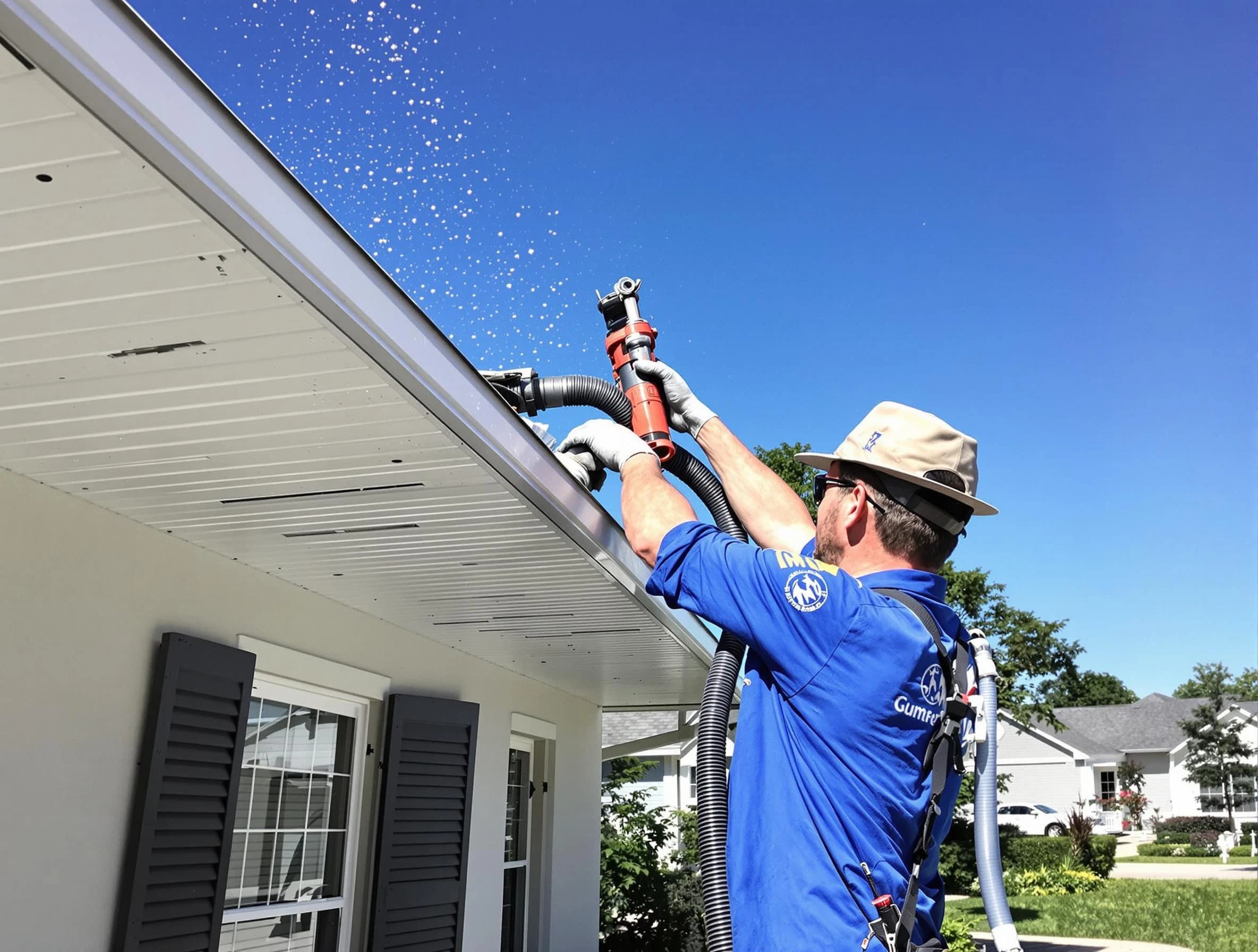 Technician completing a gutter cleaning project by University Heights Roofing Company in University Heights, OH