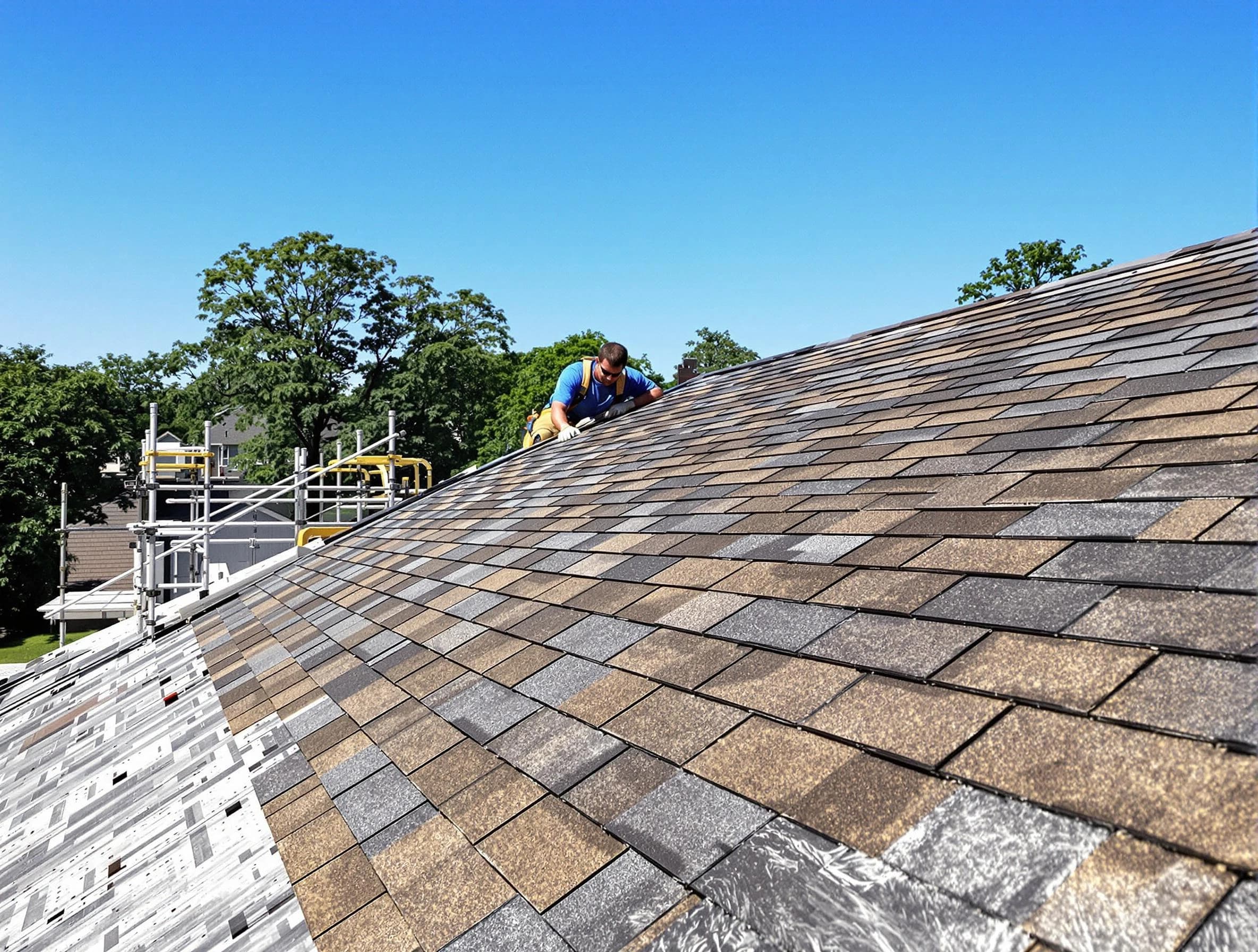 Close-up of new shingles installed by University Heights Roofing Company in University Heights, OH